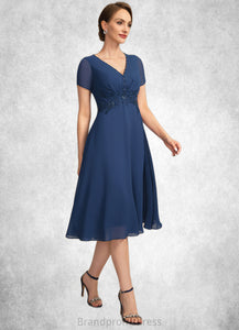 Ruby A-line V-Neck Knee-Length Chiffon Lace Mother of the Bride Dress With Beading Pleated Sequins XXC126P0021874
