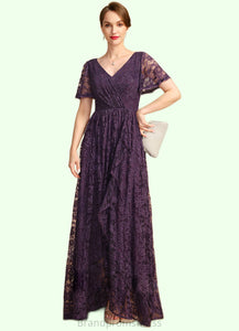 Jaslene A-line V-Neck Asymmetrical Lace Mother of the Bride Dress With Cascading Ruffles XXC126P0021918