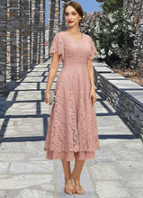 Load image into Gallery viewer, Finley A-line V-Neck Tea-Length Chiffon Lace Mother of the Bride Dress With Pleated XXC126P0021927