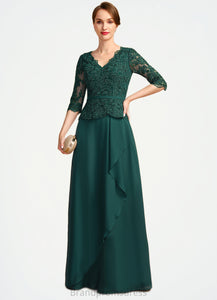 Quinn A-line V-Neck Floor-Length Chiffon Lace Mother of the Bride Dress With Cascading Ruffles Sequins XXC126P0021934