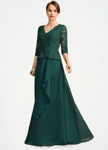 Quinn A-line V-Neck Floor-Length Chiffon Lace Mother of the Bride Dress With Cascading Ruffles Sequins XXC126P0021934