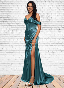 Maryjane Trumpet/Mermaid V-Neck Sweep Train Stretch Satin Prom Dresses With Beading Rhinestone Sequins XXCP0022213
