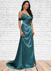 Maryjane Trumpet/Mermaid V-Neck Sweep Train Stretch Satin Prom Dresses With Beading Rhinestone Sequins XXCP0022213