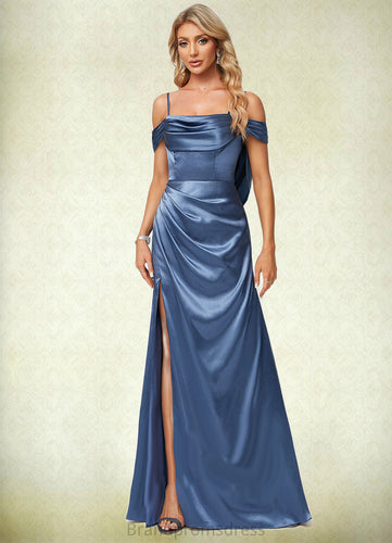 Joy A-line Cold Shoulder Floor-Length Stretch Satin Bridesmaid Dress With Ruffle XXCP0022578