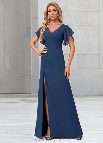 Sage A-line V-Neck Floor-Length Chiffon Bridesmaid Dress With Ruffle XXCP0022582