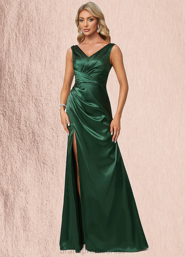Nathalia A-line V-Neck Floor-Length Stretch Satin Bridesmaid Dress XXCP0022590