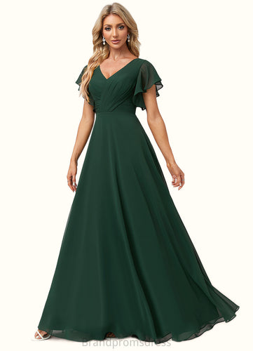 Emily A-line V-Neck Floor-Length Chiffon Bridesmaid Dress With Ruffle XXCP0022591