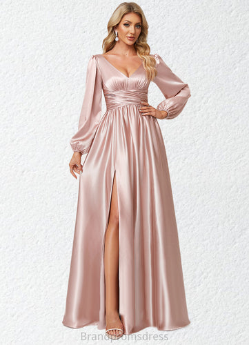 Nylah A-line V-Neck Floor-Length Stretch Satin Bridesmaid Dress XXCP0022597
