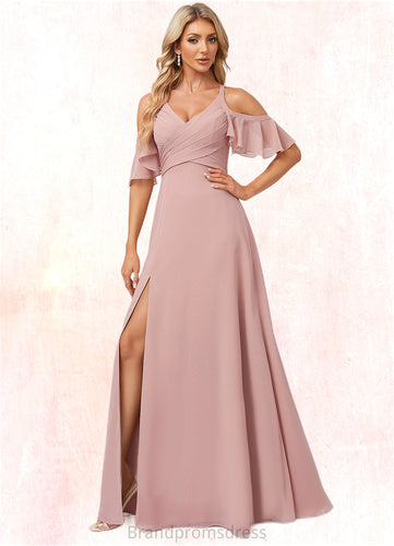 Carissa A-line Cold Shoulder Floor-Length Chiffon Bridesmaid Dress With Ruffle XXCP0022599