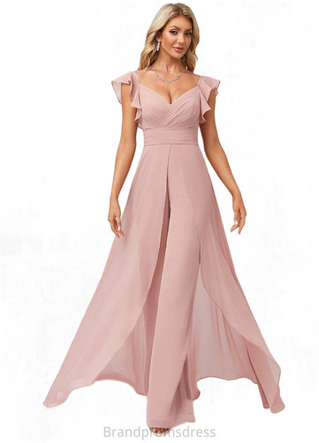 Maggie Jumpsuit/Pantsuit V-Neck Floor-Length Chiffon Bridesmaid Dress With Ruffle XXCP0022600