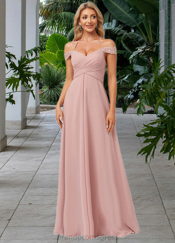 Nayeli A-line Cold Shoulder Halter Floor-Length Chiffon Lace Bridesmaid Dress XXCP0022601