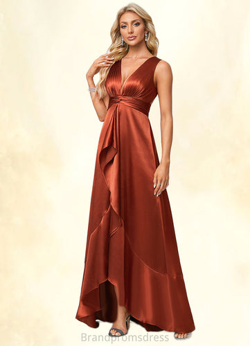 Liz A-line V-Neck Asymmetrical Stretch Satin Bridesmaid Dress With Ruffle XXCP0022606