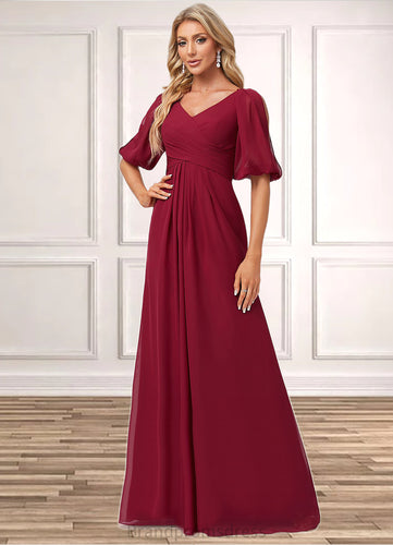 Daniella A-line V-Neck Floor-Length Chiffon Bridesmaid Dress XXCP0022608