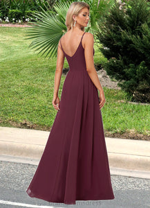 Cristal A-line V-Neck Floor-Length Chiffon Bridesmaid Dress With Ruffle XXCP0022611