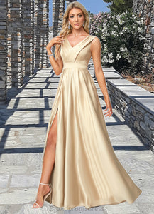 Alannah A-line V-Neck Floor-Length Satin Bridesmaid Dress XXCP0022612