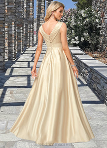 Alannah A-line V-Neck Floor-Length Satin Bridesmaid Dress XXCP0022612