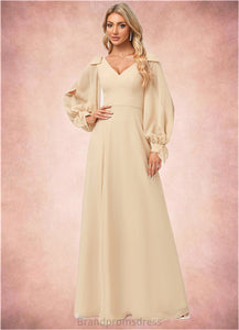 Novia A-line V-Neck Floor-Length Chiffon Bridesmaid Dress With Bow XXCP0022613