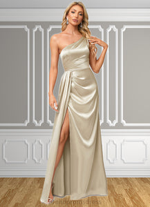 Lexi A-line One Shoulder Floor-Length Stretch Satin Bridesmaid Dress With Ruffle XXCP0022614
