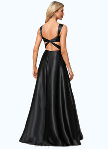 Evie A-line V-Neck Floor-Length Stretch Satin Bridesmaid Dress With Bow XXCP0022615