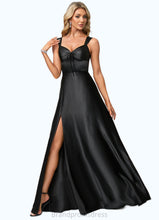 Load image into Gallery viewer, Evie A-line V-Neck Floor-Length Stretch Satin Bridesmaid Dress With Bow XXCP0022615