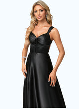 Load image into Gallery viewer, Evie A-line V-Neck Floor-Length Stretch Satin Bridesmaid Dress With Bow XXCP0022615