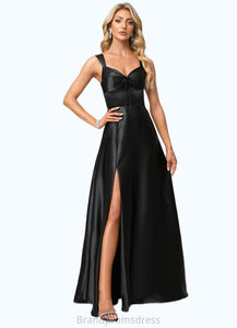 Evie A-line V-Neck Floor-Length Stretch Satin Bridesmaid Dress With Bow XXCP0022615