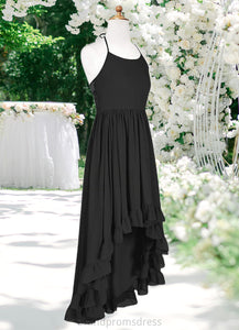 Mabel A-Line Lace Chiffon Asymmetrical Junior Bridesmaid Dress black XXCP0022855