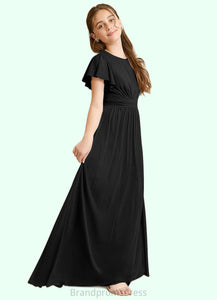 Melanie A-Line Ruched Mesh Floor-Length Junior Bridesmaid Dress black XXCP0022857