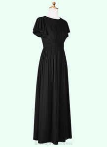 Melanie A-Line Ruched Mesh Floor-Length Junior Bridesmaid Dress black XXCP0022857