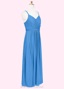 Stella Pleated Mesh Floor-Length Junior Bridesmaid Dress Blue Jay XXCP0022861