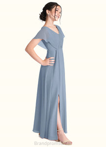 Ann A-Line Ruched Chiffon Floor-Length Junior Bridesmaid Dress dusty blue XXCP0022872