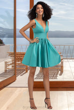 Load image into Gallery viewer, Kailee A-line V-Neck Short/Mini Satin Homecoming Dress XXCP0020570