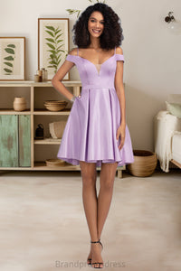 Shelby A-line Off the Shoulder Short/Mini Satin Homecoming Dress With Bow XXCP0020568