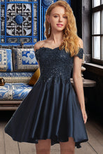 Load image into Gallery viewer, Crystal A-line Off the Shoulder Short/Mini Satin Homecoming Dress XXCP0020552