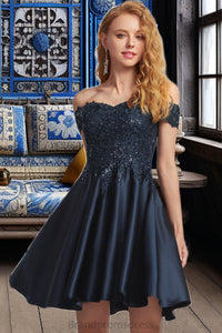 Crystal A-line Off the Shoulder Short/Mini Satin Homecoming Dress XXCP0020552