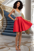 Load image into Gallery viewer, Lillian A-line V-Neck Short/Mini Satin Homecoming Dress With Beading Sequins XXCP0020569