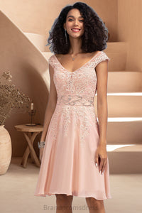 Jayleen A-line V-Neck Knee-Length Chiffon Lace Homecoming Dress With Beading XXCP0020565