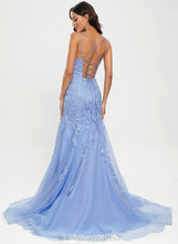 Load image into Gallery viewer, V-neck Sequins Sweep Trumpet/Mermaid Train Prom Dresses With Tulle Lace Meredith