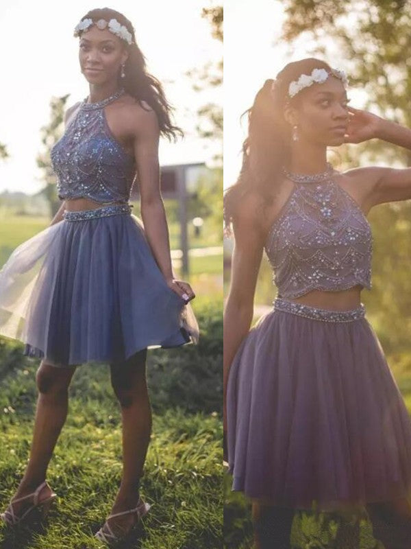 Halter Sleeveless Pleated Two Pieces Brittany A Line Homecoming Dresses Tulle Beading Short