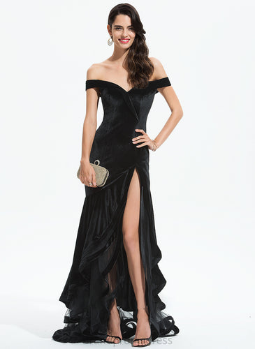 Cascading Ruffles With Train Trumpet/Mermaid Off-the-Shoulder Velvet Prom Dresses Janet Sweep