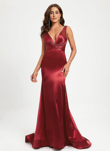 Thelma Prom Dresses With Sweep Train Pleated Satin V-neck Trumpet/Mermaid