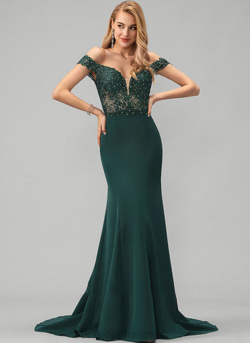 Sweep Train Prom Dresses Esther Sequins Lace Trumpet/Mermaid Beading Off-the-Shoulder With Crepe Stretch