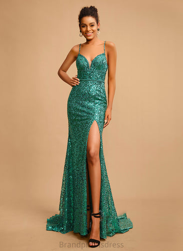 Trumpet/Mermaid With Sequins V-neck Prom Dresses Alexia Beading Floor-Length Sequined
