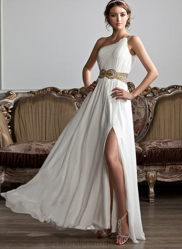 Sequins Prom Dresses Ruffle A-Line Floor-Length One-Shoulder Chiffon With Beading Kenley