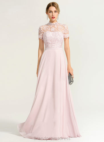Floor-Length High Norah Prom Dresses Chiffon Neck Sequins With A-Line Lace