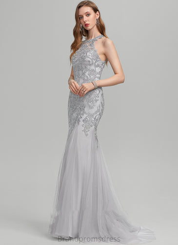 Trumpet/Mermaid Sweep Neck Train Scoop Tulle With Frida Sequins Prom Dresses