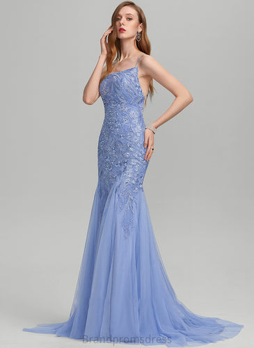 With Train Trumpet/Mermaid Sequins Square Selina Tulle Prom Dresses Sweep Neckline