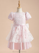 Load image into Gallery viewer, A-Line - Short Flower Girl Dresses Flower Scoop Satin/Tulle Dress Knee-length With Jacey Neck Sleeves Girl Lace/Sequins/Bow(s)