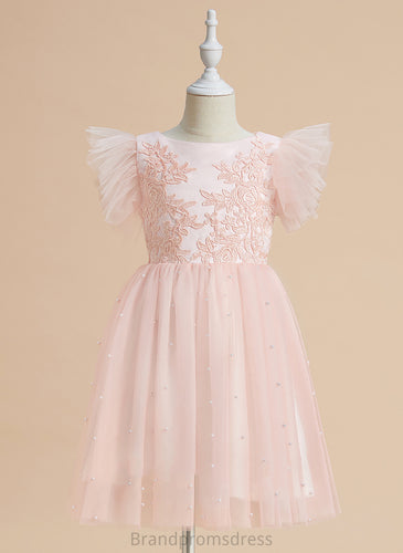 Sleeveless Knee-length Flower Lace Dress Neck Scoop A-Line With Nathaly - Flower Girl Dresses Girl Satin/Tulle