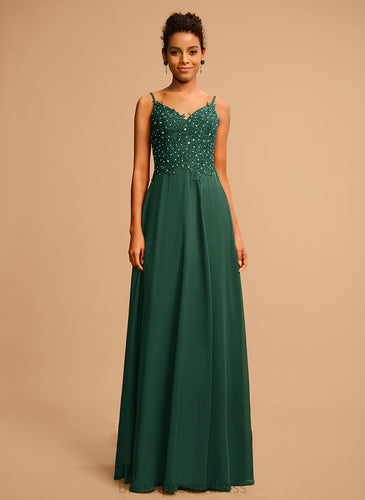 A-Line V-neck Laurel Sequins Floor-Length Prom Dresses Beading Chiffon With Lace